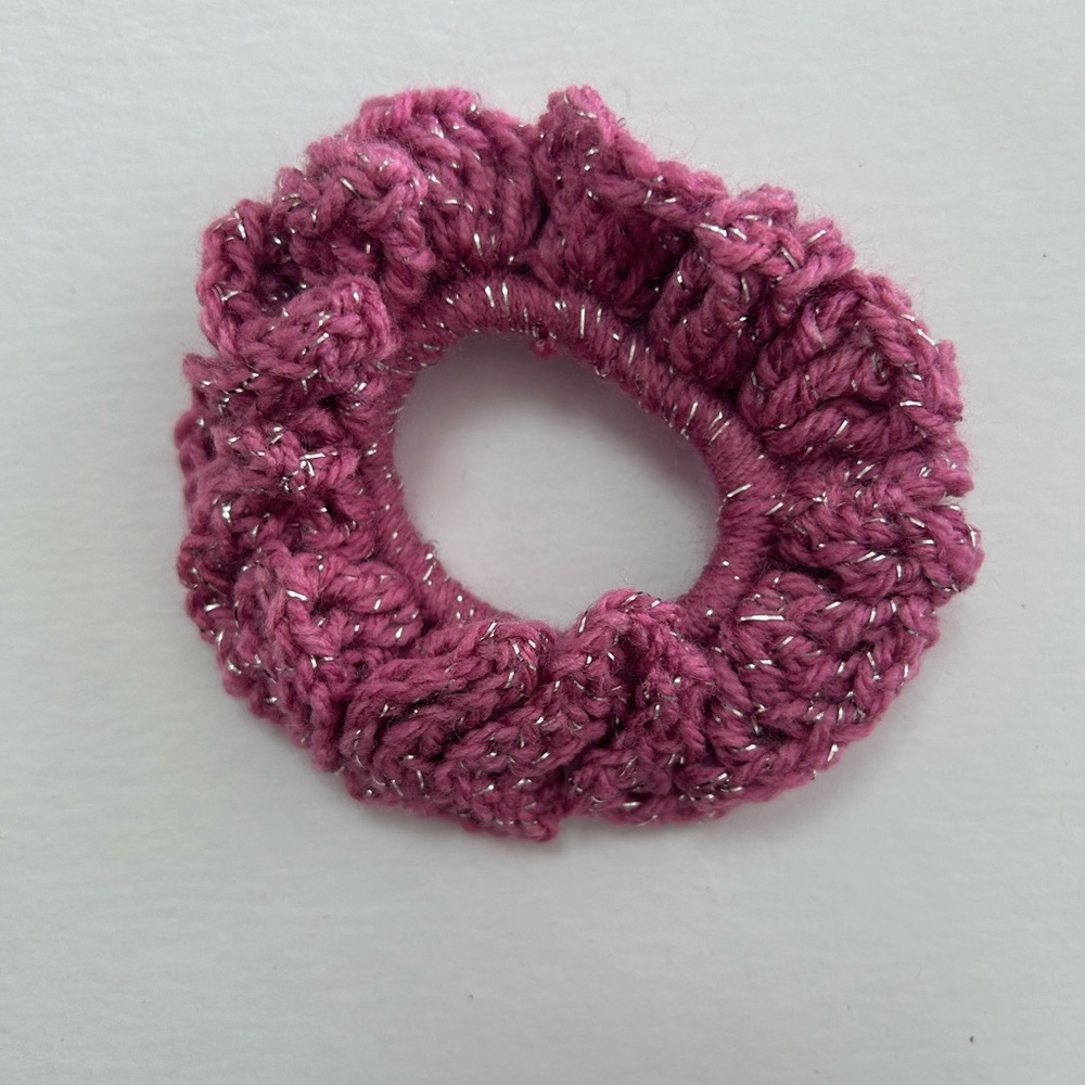 Pink and Silver Crochet Hair Scrunchie